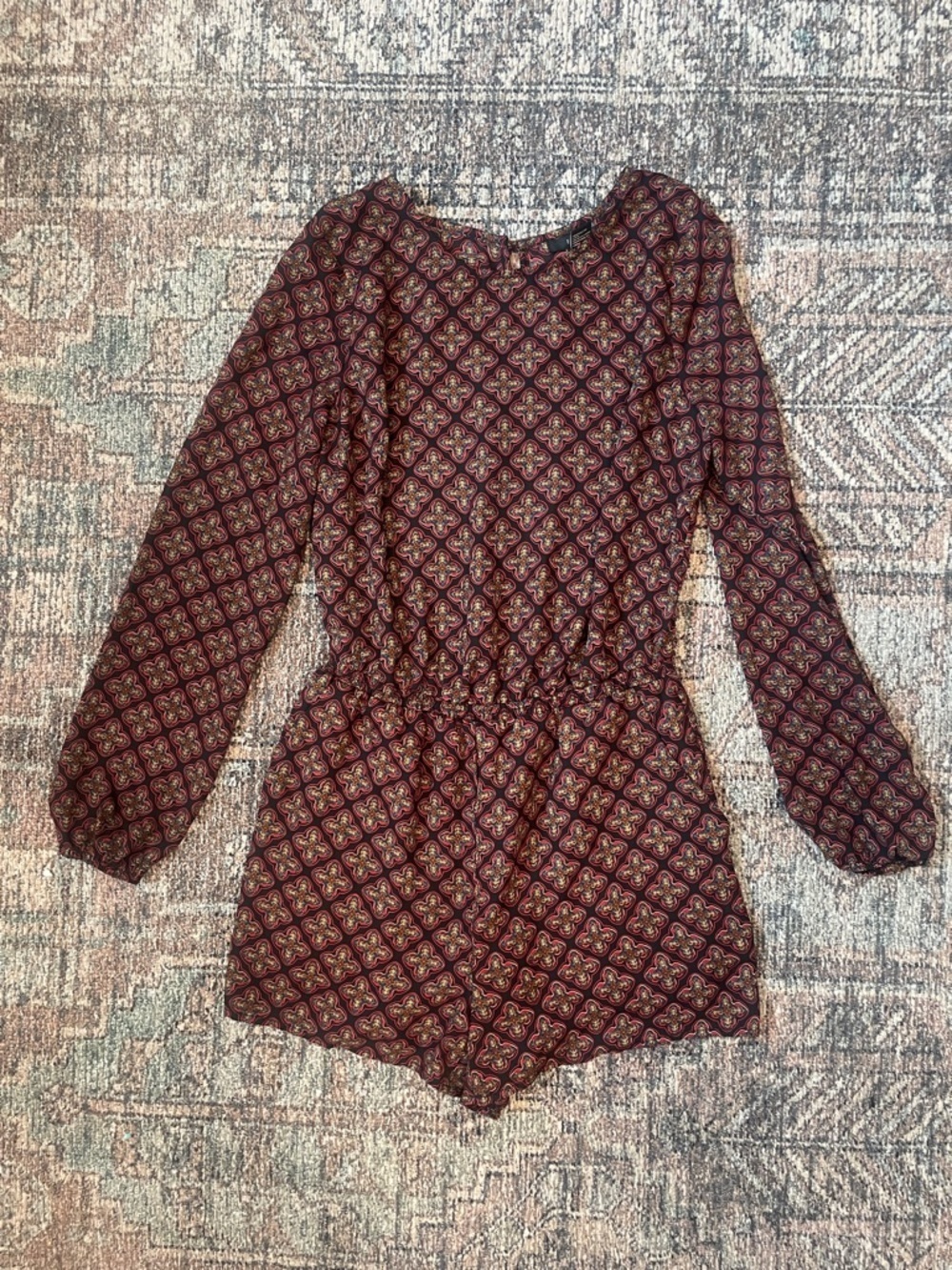 Forever 21 Boho Long Sleeve Romper Small Patterned Smocked Waist Fall Casual